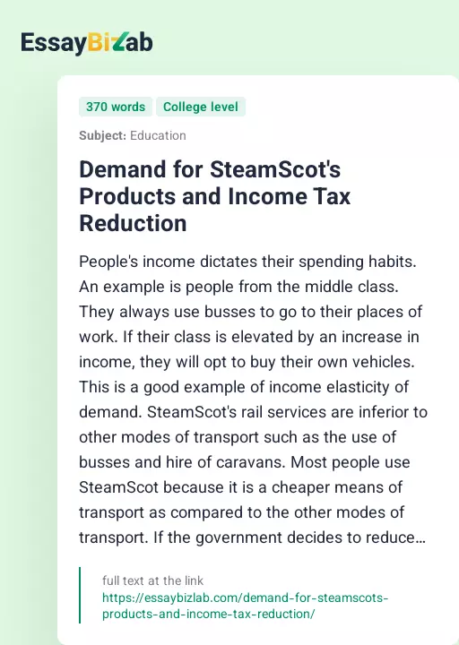 Demand for SteamScot's Products and Income Tax Reduction - Essay Preview
