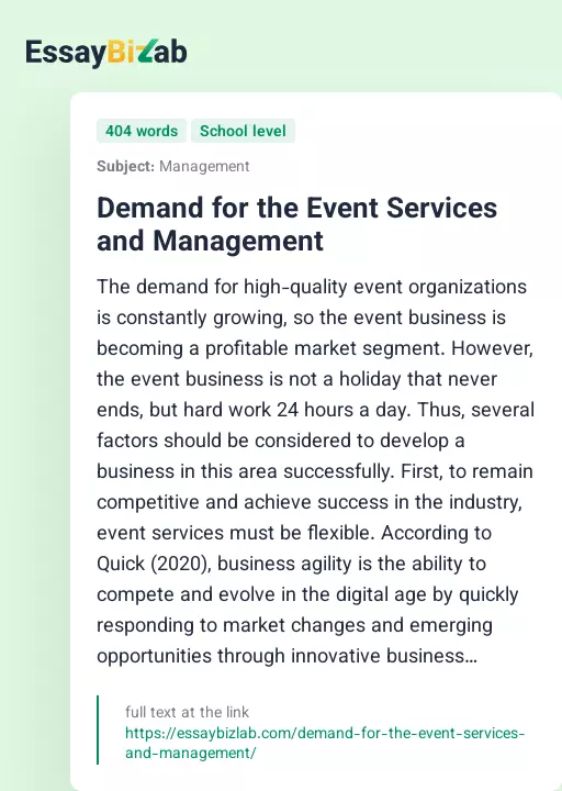 Demand for the Event Services and Management - Essay Preview