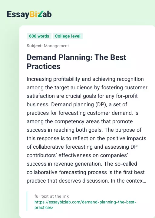 Demand Planning: The Best Practices - Essay Preview