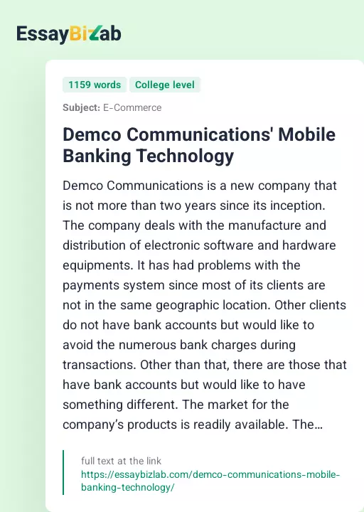 Demco Communications' Mobile Banking Technology - Essay Preview