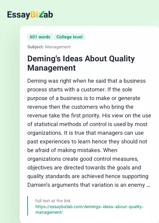 Deming's Ideas About Quality Management - Essay Preview