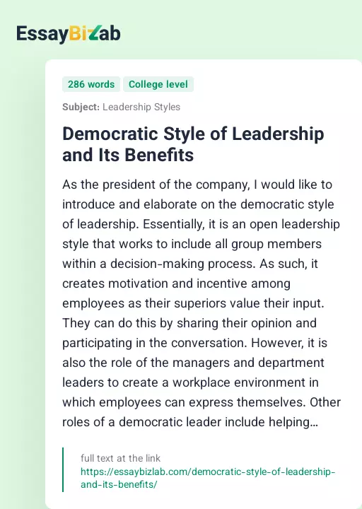Democratic Style of Leadership and Its Benefits - Essay Preview