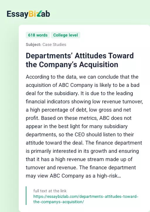 Departments’ Attitudes Toward the Company’s Acquisition - Essay Preview