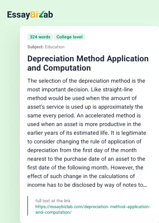 Depreciation Method Application and Computation - Essay Preview