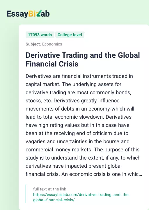 Derivative Trading and the Global Financial Crisis - Essay Preview