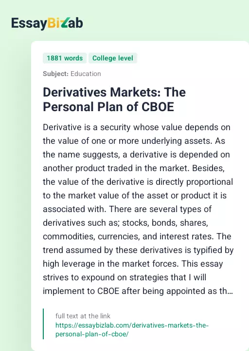 Derivatives Markets: The Personal Plan of CBOE - Essay Preview