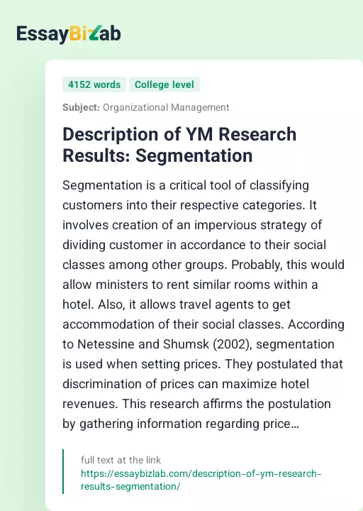 Description of YM Research Results: Segmentation - Essay Preview