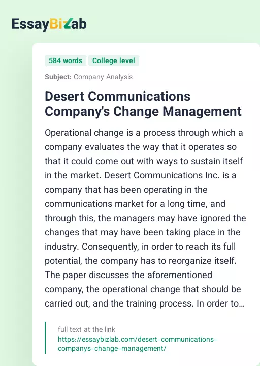 Desert Communications Company's Change Management - Essay Preview