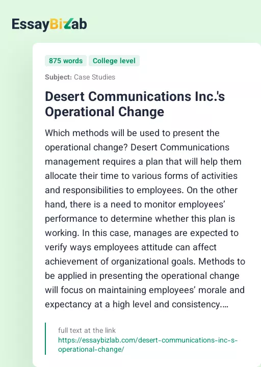 Desert Communications Inc.'s Operational Change - Essay Preview