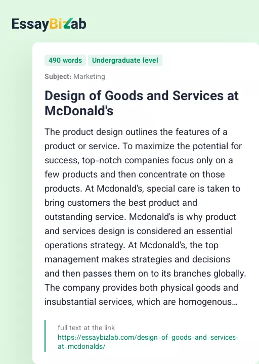 Design of Goods and Services at McDonald's - Essay Preview