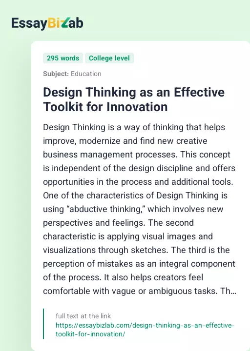 Design Thinking as an Effective Toolkit for Innovation - Essay Preview