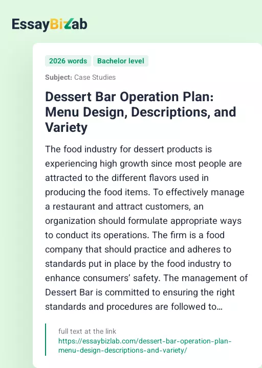 Dessert Bar Operation Plan: Menu Design, Descriptions, and Variety - Essay Preview
