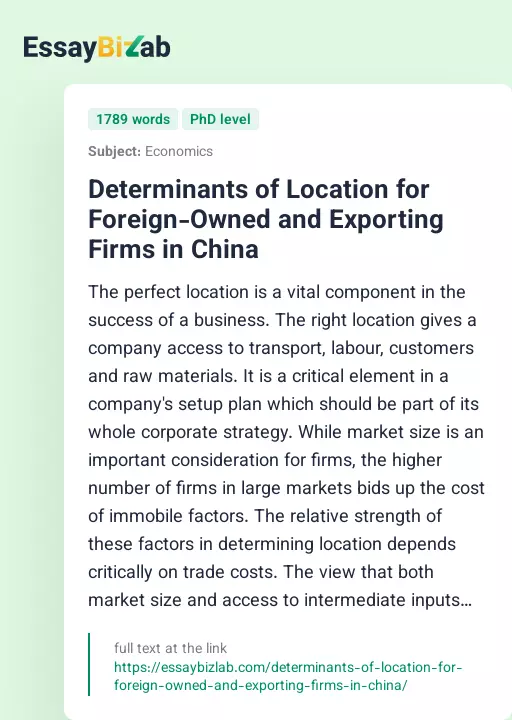 Determinants of Location for Foreign-Owned and Exporting Firms in China - Essay Preview