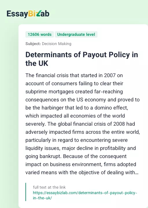 Determinants of Payout Policy in the UK - Essay Preview