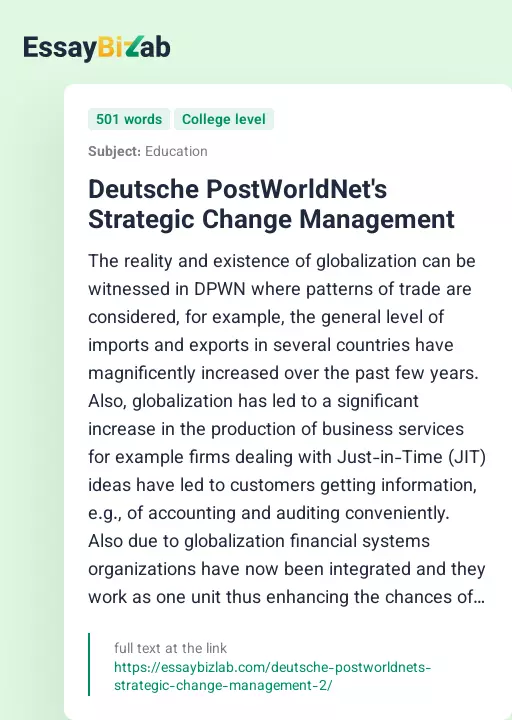 Deutsche PostWorldNet's Strategic Change Management - Essay Preview
