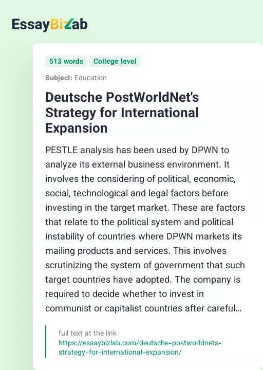 Deutsche PostWorldNet's Strategy for International Expansion - Essay Preview