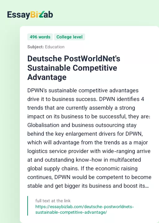Deutsche PostWorldNet's Sustainable Competitive Advantage - Essay Preview