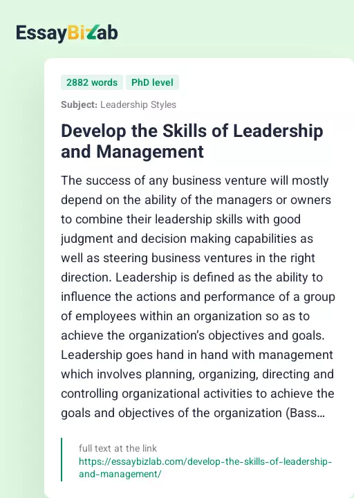 Develop the Skills of Leadership and Management - Essay Preview