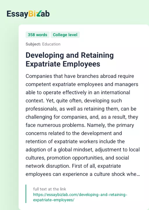 Developing and Retaining Expatriate Employees - Essay Preview