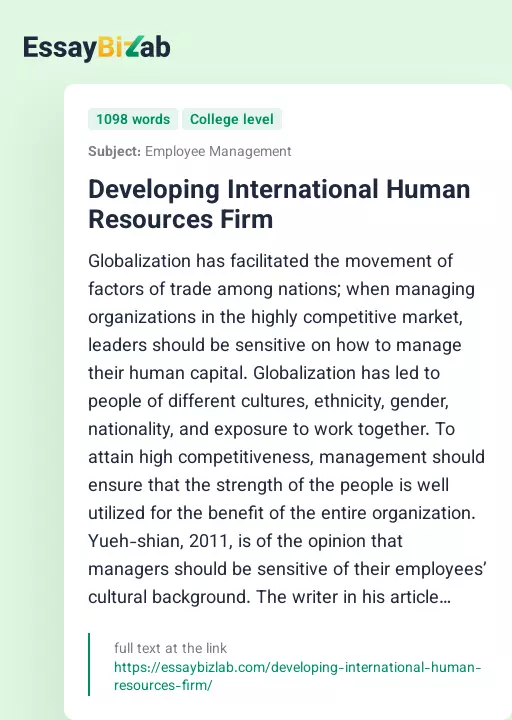 Developing International Human Resources Firm - Essay Preview