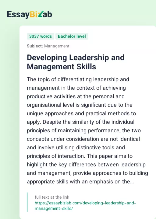 Developing Leadership and Management Skills - Essay Preview