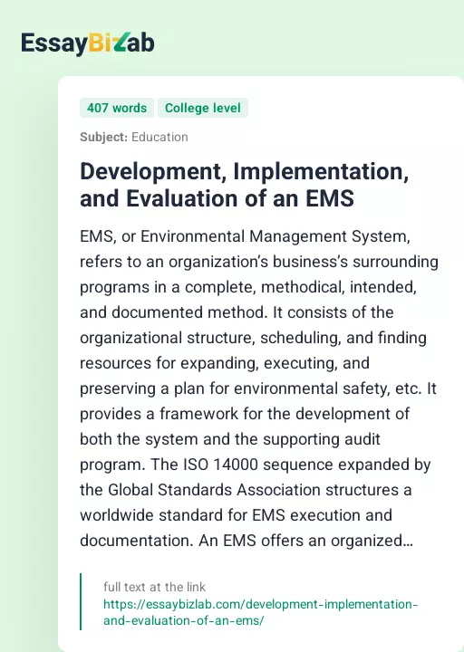 Development, Implementation, and Evaluation of an EMS - Essay Preview