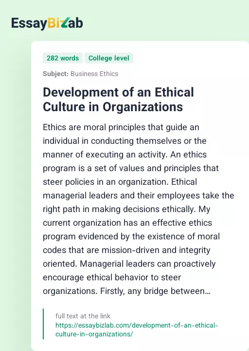Development of an Ethical Culture in Organizations - Essay Preview