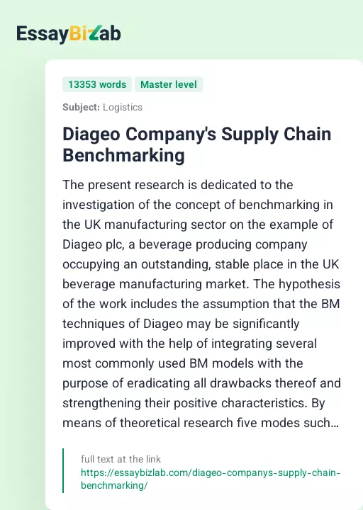 Diageo Company's Supply Chain Benchmarking - Essay Preview