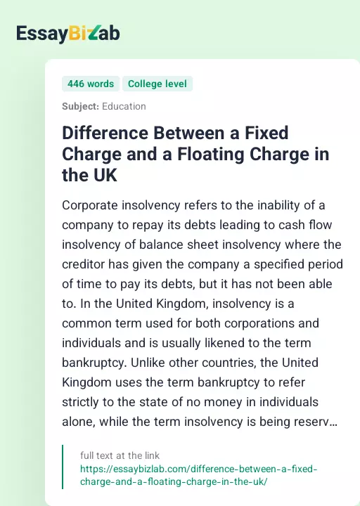 Difference Between a Fixed Charge and a Floating Charge in the UK - Essay Preview