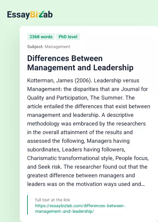 Differences Between Management and Leadership - Essay Preview