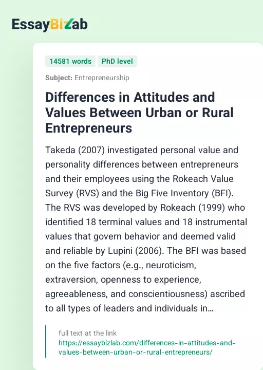 Differences in Attitudes and Values Between Urban or Rural Entrepreneurs - Essay Preview
