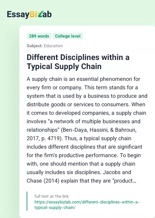 Different Disciplines within a Typical Supply Chain - Essay Preview