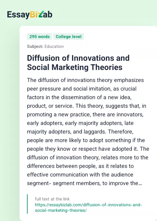 Diffusion of Innovations and Social Marketing Theories - Essay Preview