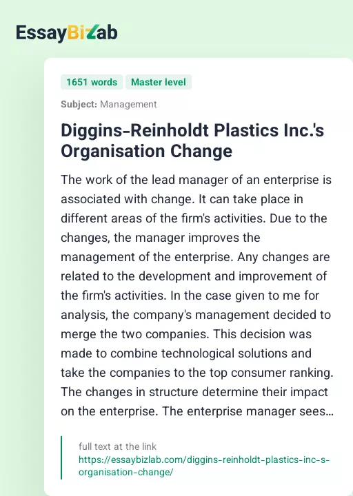 Diggins-Reinholdt Plastics Inc.'s Organisation Change - Essay Preview