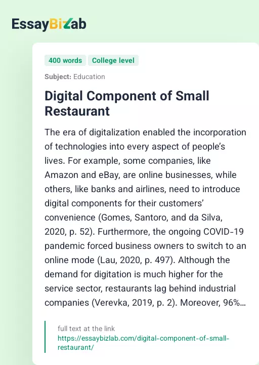 Digital Component of Small Restaurant - Essay Preview