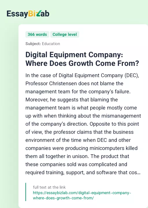 Digital Equipment Company: Where Does Growth Come From? - Essay Preview