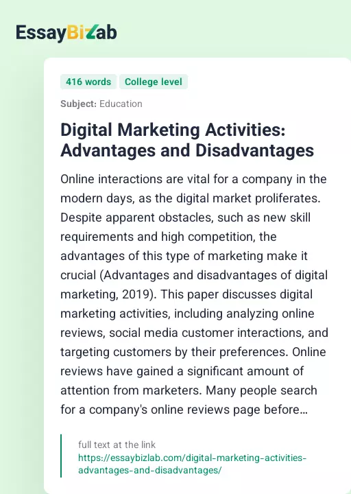 Digital Marketing Activities: Advantages and Disadvantages - Essay Preview