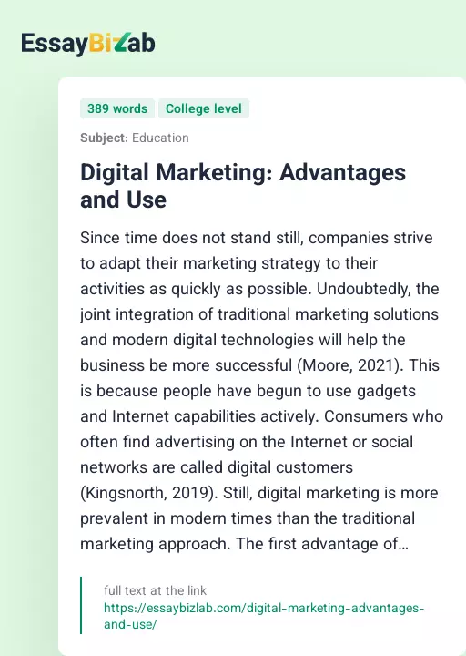 Digital Marketing: Advantages and Use - Essay Preview