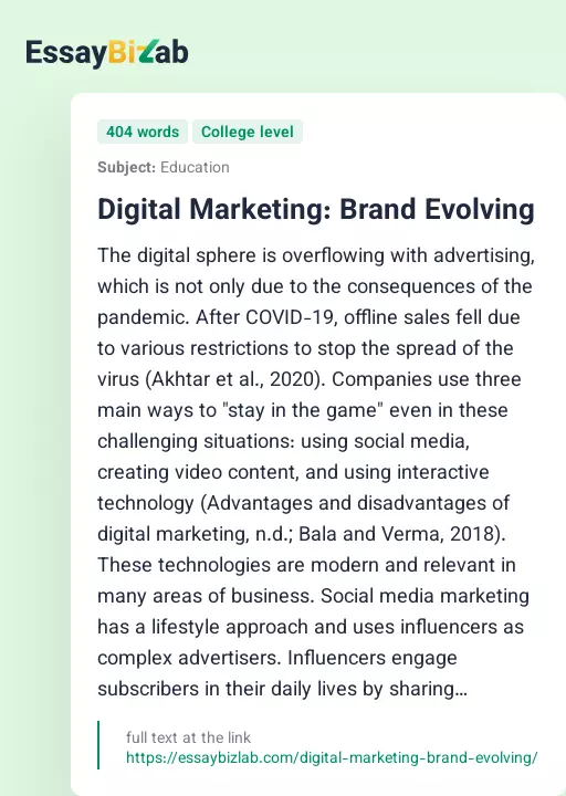 Digital Marketing: Brand Evolving - Essay Preview