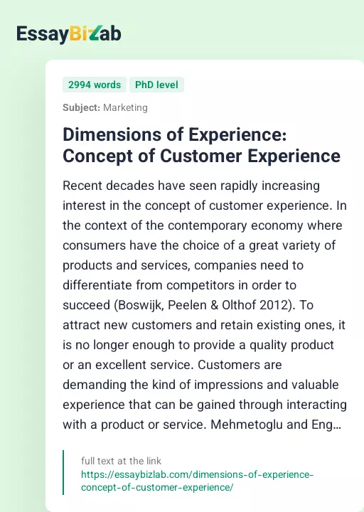 Dimensions of Experience: Concept of Customer Experience - Essay Preview