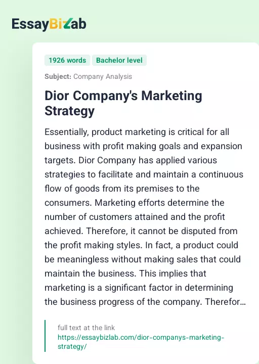 Dior Company's Marketing Strategy - Essay Preview