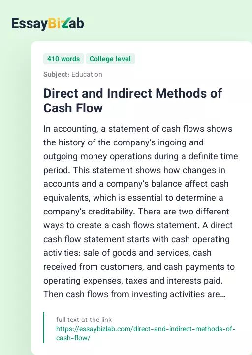 Direct and Indirect Methods of Cash Flow - Essay Preview