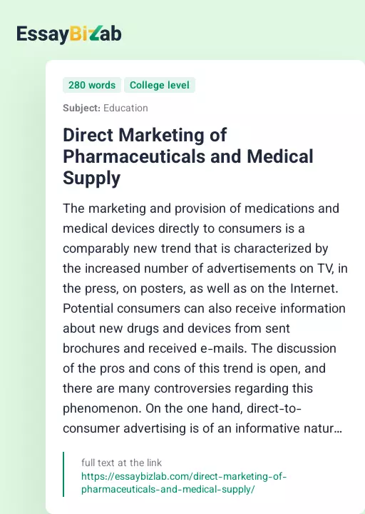 Direct Marketing of Pharmaceuticals and Medical Supply - Essay Preview
