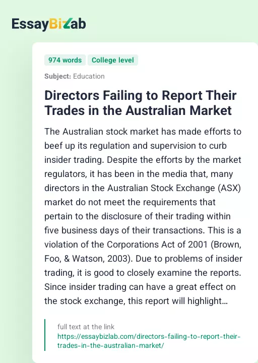 Directors Failing to Report Their Trades in the Australian Market - Essay Preview