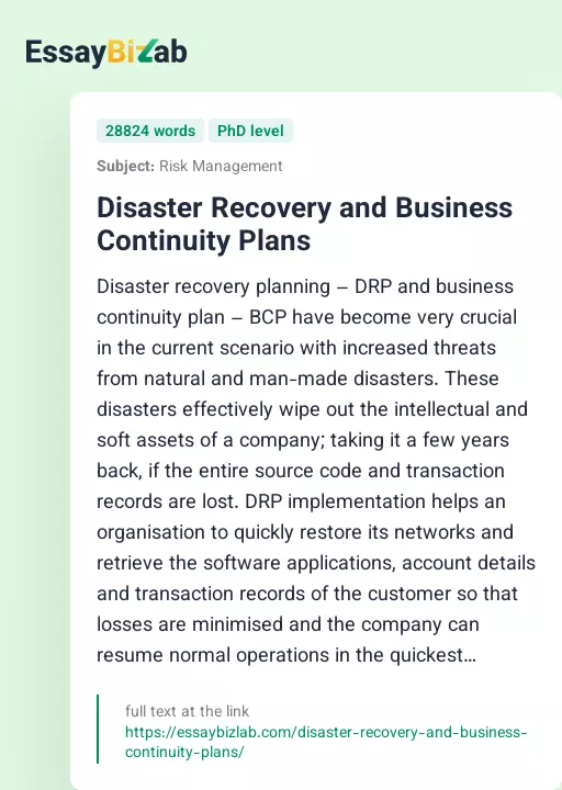 Disaster Recovery and Business Continuity Plans - Essay Preview
