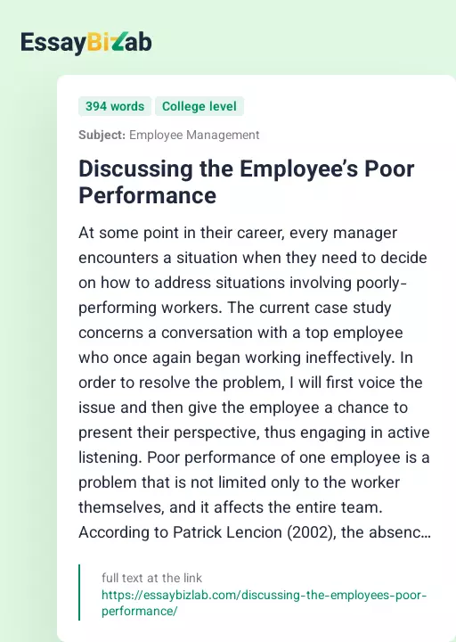 Discussing the Employee’s Poor Performance - Essay Preview