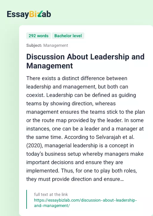 Discussion About Leadership and Management - Essay Preview