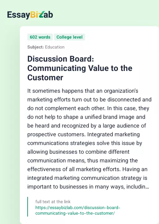 Discussion Board: Communicating Value to the Customer - Essay Preview