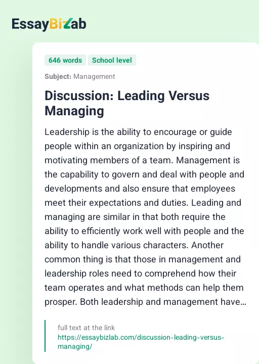 Discussion: Leading Versus Managing - Essay Preview