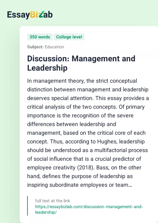 Discussion: Management and Leadership - Essay Preview